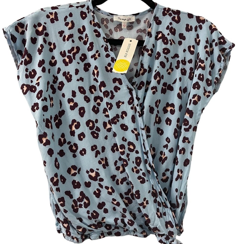 Stitch Fix Persaya Girl Shirt Large Wrap Light Blue Animal Print. NWT